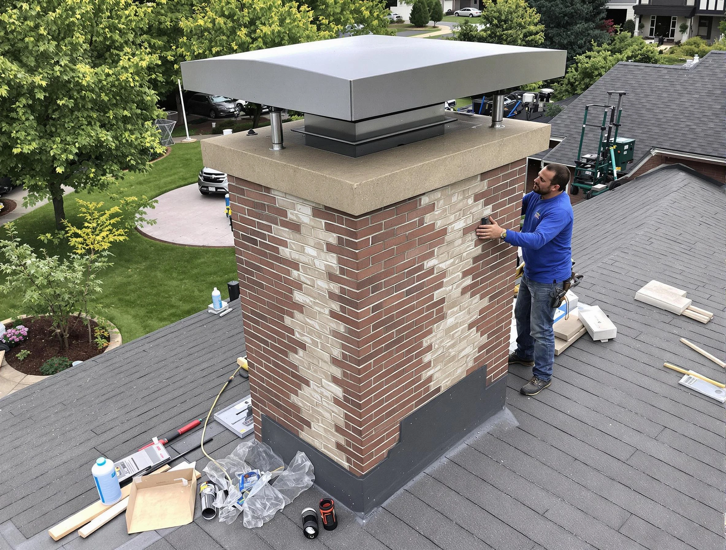 Jasper Chimney Sweep team working on a custom chimney remodel in Jasper, AL